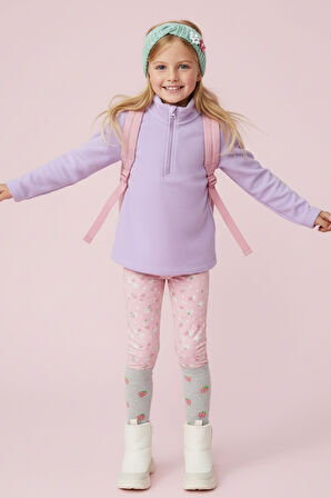 Kız Çocuk Uzun Kollu Mor Dik Yaka Yarım Fermuarlı Polar Üst - Kız Çocuk Sweatshirt, Kız Çocuk Polar