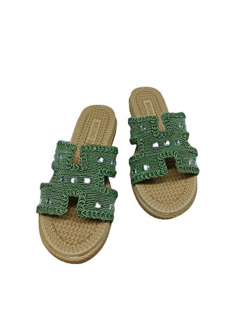 SİA ÇANTA  Hasır Örme Kemerli Boncuk Taşlı Yumuşak Sıkı Mantar Taban Kadın Terliği , Rahat Sandelet Tarzı Kaydırmaz Taban Kadın Terlik