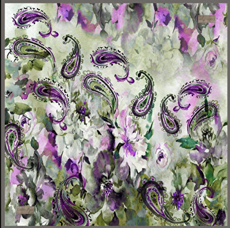 La Boutique Tivil İpek Eşarp 2124 - 03 Mor - Yeşil Karışık Desen