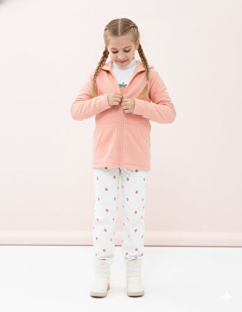 Kız Çocuk Pudra Polar Kapüşonlu Hırka Fermuarlı Uzun Kollu Yumuşak Çocuk Ceketi - Kız Çocuk Hırka