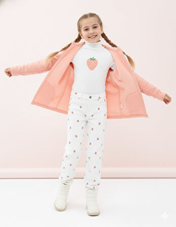 Kız Çocuk Pudra Polar Kapüşonlu Hırka Fermuarlı Uzun Kollu Yumuşak Çocuk Ceketi - Kız Çocuk Hırka