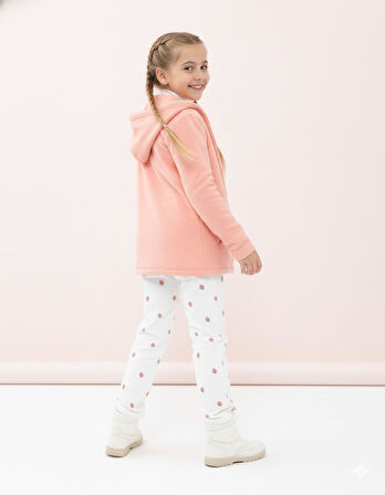 Kız Çocuk Pudra Polar Kapüşonlu Hırka Fermuarlı Uzun Kollu Yumuşak Çocuk Ceketi - Kız Çocuk Hırka