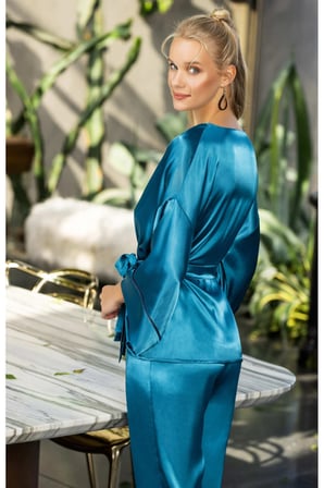 Laperissa Kadın Pijama Takımı Turkuaz Saten Kimono Kol Kuşaklı Alt Üst Set S Beden