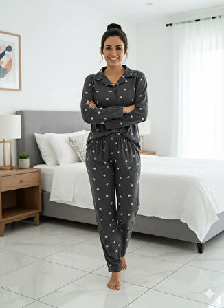 KADIN UZUN KOL DÜĞME DETAYLI PİJAMA TAKIM