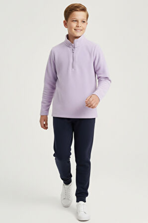 Erkek Çocuk Uzun Kollu Mor Dik Yaka Yarım Fermuarlı Polar Üst-Sweatshirt - Erkek Çocuk Polar