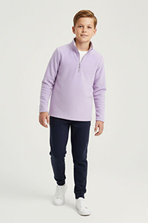 Erkek Çocuk Uzun Kollu Mor Dik Yaka Yarım Fermuarlı Polar Üst-Sweatshirt - Erkek Çocuk Polar