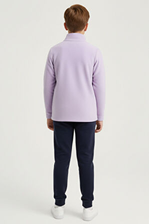 Erkek Çocuk Uzun Kollu Mor Dik Yaka Yarım Fermuarlı Polar Üst-Sweatshirt - Erkek Çocuk Polar
