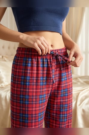 Büyük Beden Tek Alt Pijama Yumuşak Milan Kumaş İpli Bel Kırmızı Mavi Kareli Loungewear Pantolon