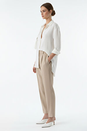 Kadın Beyaz Keten  Klasik Regular Fit Gömlek Yaka Düğmeli Uzun Kollu Zarif Gömlek – Kadın Gömlek