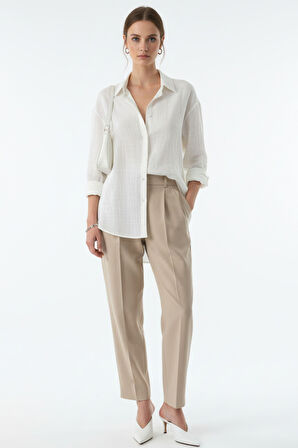 Kadın Beyaz Keten  Klasik Regular Fit Gömlek Yaka Düğmeli Uzun Kollu Zarif Gömlek – Kadın Gömlek