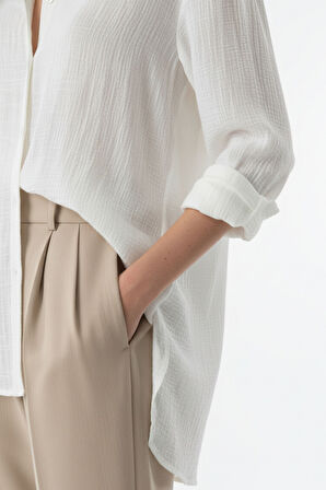 Kadın Beyaz Keten  Klasik Regular Fit Gömlek Yaka Düğmeli Uzun Kollu Zarif Gömlek – Kadın Gömlek