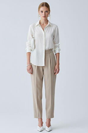 Kadın Beyaz Keten  Klasik Regular Fit Gömlek Yaka Düğmeli Uzun Kollu Zarif Gömlek – Kadın Gömlek