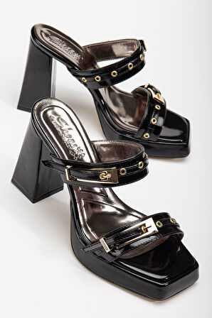 Tommo Siyah Rugan Platformlu Açık Burunlu Kalın Topuklu Ayakkabı