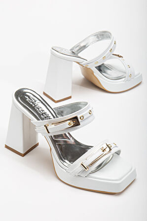 Tommo Beyaz Rugan Platformlu Açık Burunlu Kalın Topuklu Ayakkabı 