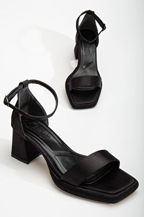 Suzi Siyah Saten Platformlu Açık Burunlu Kalın Topuklu Ayakkabı 