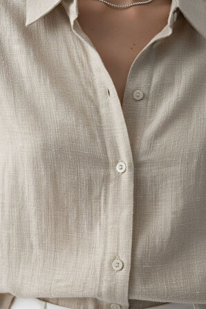 Kadın Bej Keten Klasik Regular Fit Gömlek Yaka Düğmeli Uzun Kollu Zarif Şık Gömlek – Kadın Gömlek