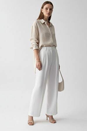 Kadın Bej Keten Klasik Regular Fit Gömlek Yaka Düğmeli Uzun Kollu Zarif Şık Gömlek – Kadın Gömlek