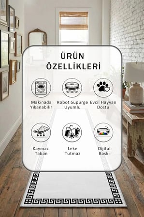 Şehzade Beyaz Siyah Göbeksiz Dijital Baskılı Kaymaz Yıkanabilir Yolluk - Leke Tutmaz Beyaz
