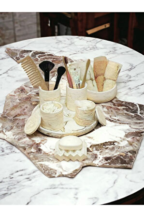 Marble Bej Serisi Tepsili Beton Banyo Seti,Pamukluk,Havluluk ve Sabunluk Set