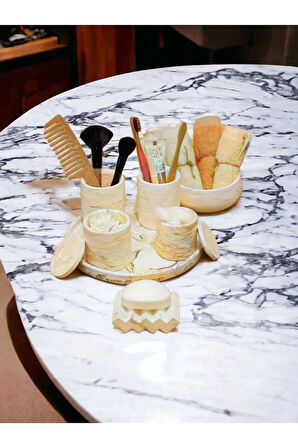 Marble Bej Serisi Tepsili Beton Banyo Seti,Pamukluk,Havluluk ve Sabunluk Set