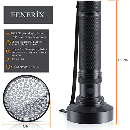 100 LED 395nm Mor Işık Uv El Feneri - Ultraviyole Fener