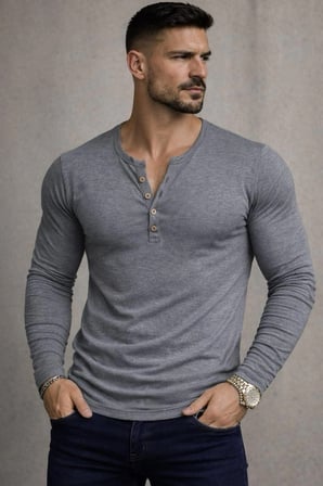 BYBÜLENT Özel Üretim Uzun Kollu Füme Henley Yaka düğmeli Dar Kesim Açık Geniş Yaka Tişört T-Shirt
