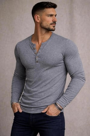 BYBÜLENT Özel Üretim Uzun Kollu Füme Henley Yaka düğmeli Dar Kesim Açık Geniş Yaka Tişört T-Shirt