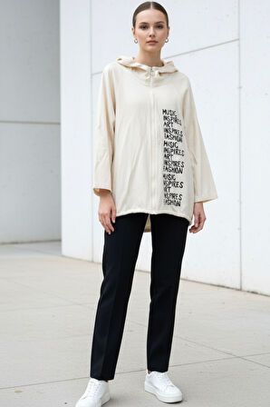 Kadın Bej Kapüşonlu Fermuarlı Oversize Yazı Baskılı Pamuklu Hırka-Ceket - Kadın Ceket