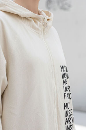 Kadın Bej Kapüşonlu Fermuarlı Oversize Yazı Baskılı Pamuklu Hırka-Ceket - Kadın Ceket