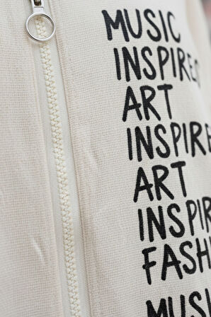 Kadın Bej Kapüşonlu Fermuarlı Oversize Yazı Baskılı Pamuklu Hırka-Ceket - Kadın Ceket