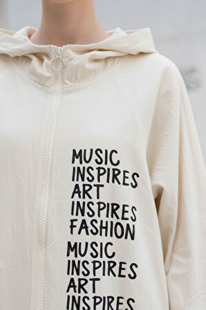 Kadın Bej Kapüşonlu Fermuarlı Oversize Yazı Baskılı Pamuklu Hırka-Ceket - Kadın Ceket