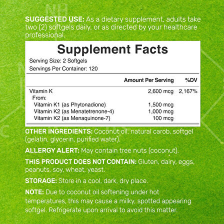 Premium K Complete - High Potency Vitamin K1, K2 MK-7 & MK-4 Complex, 240 Coconut Oil Infused Softgels
