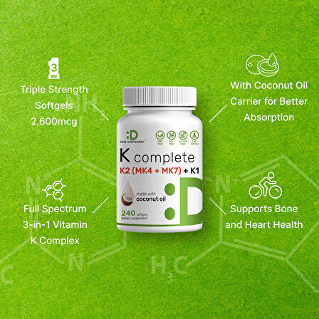 Premium K Complete - High Potency Vitamin K1, K2 MK-7 & MK-4 Complex, 240 Coconut Oil Infused Softgels