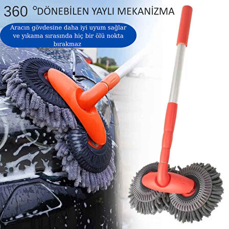 360° Dönebilen Teleskopik Mikrofiber Araba Yıkama Fırçası – Çift Başlıklı Oto Temizlik Mopu