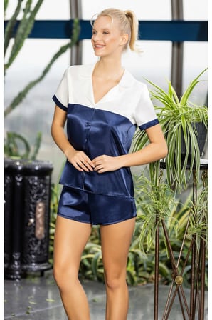 Laperissa Kadın Pijama Takımı Lacivert Saten Polyester Kısa Kollu Şortlu