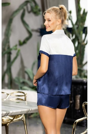 Laperissa Kadın Pijama Takımı Lacivert Saten Kısa Kollu Şortlu 2XL