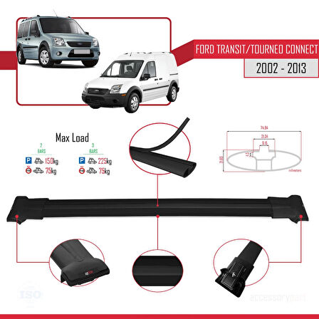 Ford Transit/Tourneo Connect 2002-2013 Arası ile Uyumlu FLY Model Ara Atkı Tavan Barı Siyah 2 Adet
