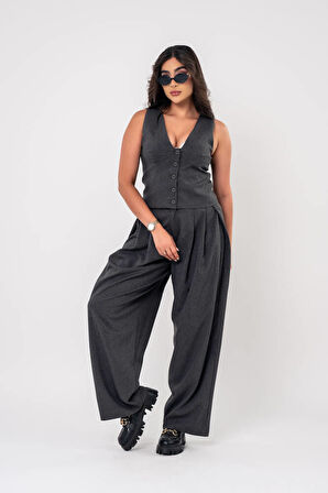 Düğmeli Pile Detaylı Palazzo Pantolon Yelek Takım TKM16009