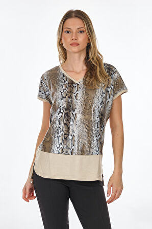 Twomail V Yaka Desenli Vizon Kadın T-Shirt MY2150P10772
