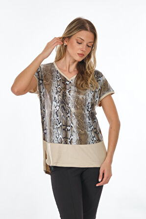 Twomail V Yaka Desenli Vizon Kadın T-Shirt MY2150P10772