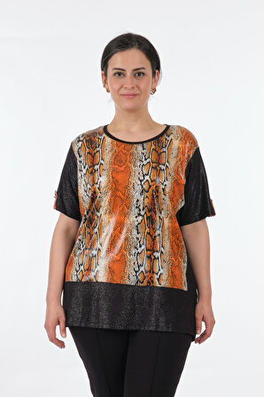 Twomail Yuvarlak Yaka Büyük Beden Kısa Kollu Portakal Kadın T-Shirt MY2150P10777
