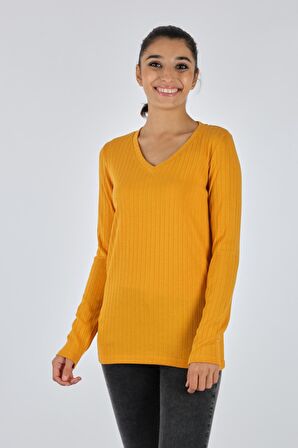 Daido DAIDO V YAKA ÇİZGİLİ UZUN KOL SAFRAN Kadın PENYE 21200805