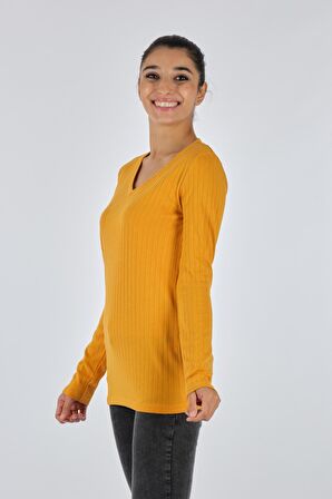 Daido DAIDO V YAKA ÇİZGİLİ UZUN KOL SAFRAN Kadın PENYE 21200805