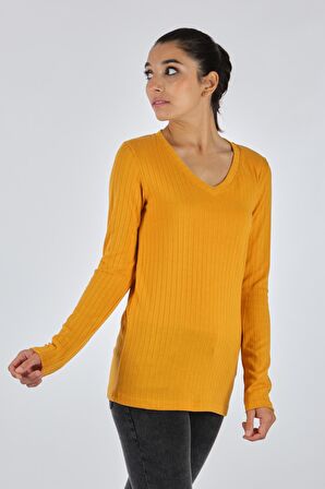 Daido DAIDO V YAKA ÇİZGİLİ UZUN KOL SAFRAN Kadın PENYE 21200805