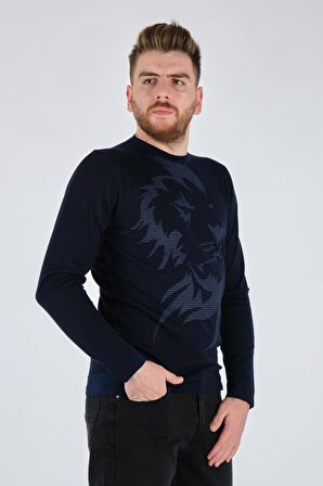 ECER BİSİKLET YAKA DESENLİ UZUN KOL LACİVERT ERKEK TRİKO 77722123