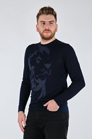 ECER BİSİKLET YAKA DESENLİ UZUN KOL LACİVERT ERKEK TRİKO 77722123