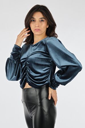 BSB BİSİKLET YAKA BÜZGÜLÜ UZUN KOL KOYU YEŞİL Kadın BLUZ 146-210047