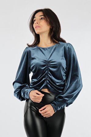 BSB BİSİKLET YAKA BÜZGÜLÜ UZUN KOL KOYU YEŞİL Kadın BLUZ 146-210047