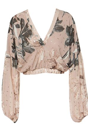 BSB V YAKA ÇİÇEKLİ UZUN KOL TEN RENGİ Kadın BLUZ 147-410009