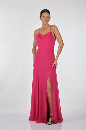 Dori Degaje Yaka Sırt Detaylı İp Askılı Fuşya Kadın Elbise 221KB4049
